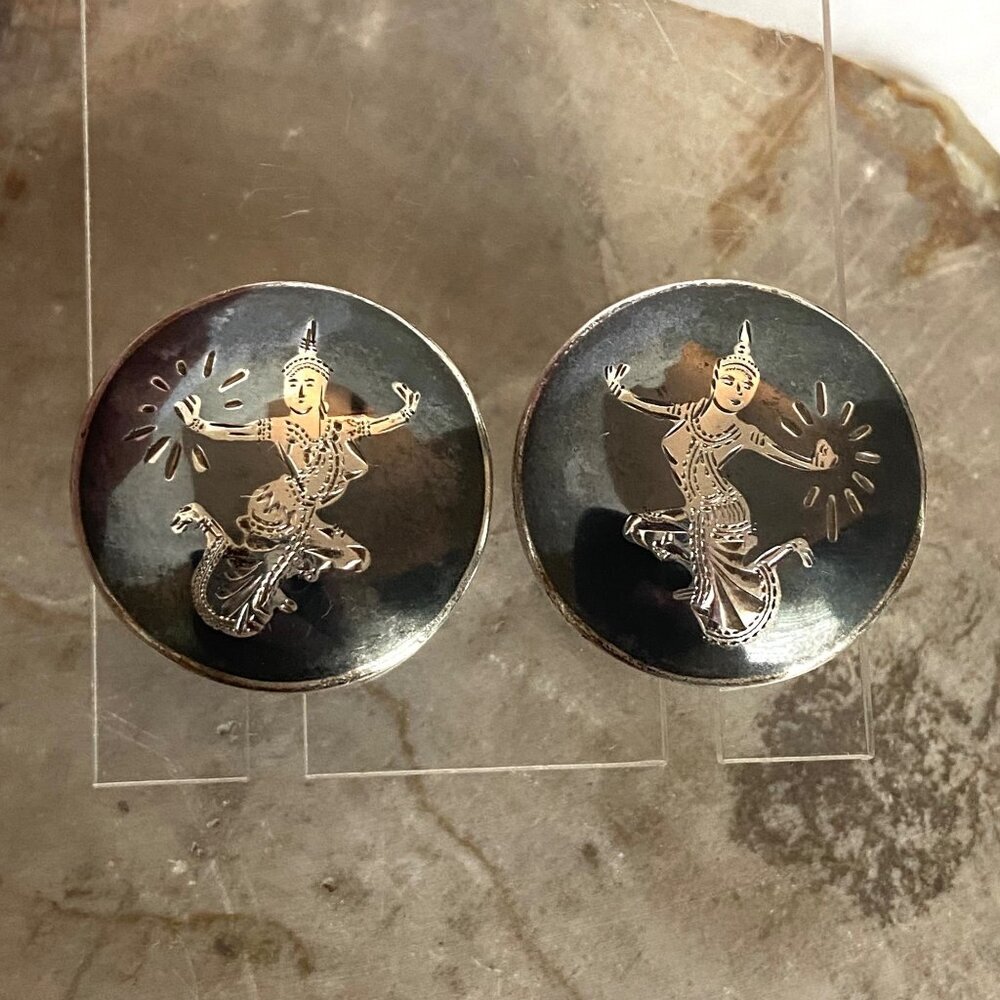 VTG Siam Niello Sterling Silver 925 Thai Dancer Enamel Screwback Earrings